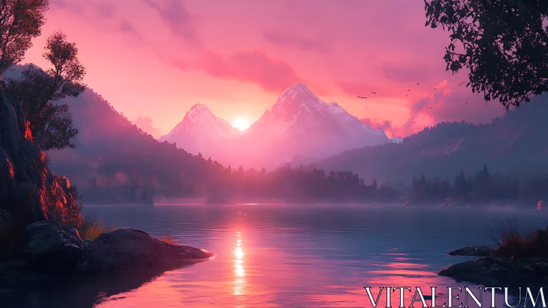 Radiant alpine sunrise over still misty lake in magenta hues
