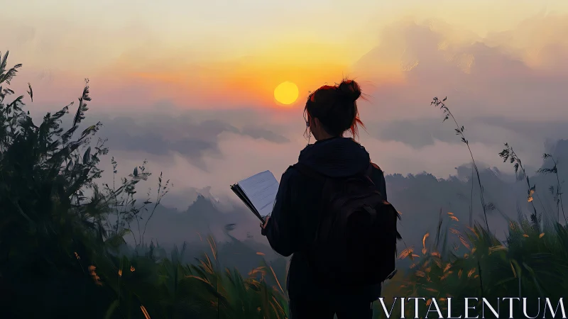 Digital painting of reader at misty hillside sunrise horizon.