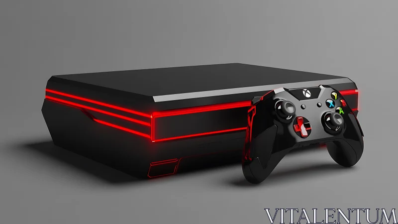 Gaming console with integrated red LED lighting and wireless controller.