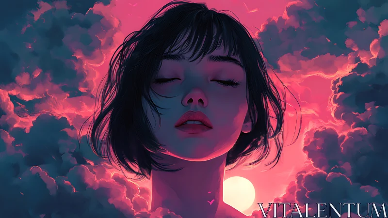 Luminous dusk portrait with neon backlit atmospheric clouds.