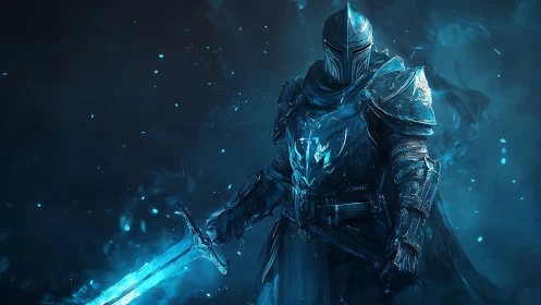 Icebound knight stands in luminous blue spectral armor.