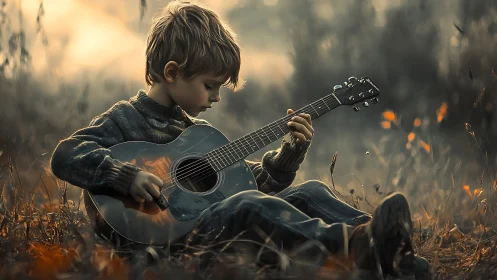 Backlit child guitarist studies chords in shallow depth of field