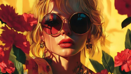 Blonde woman in sunglasses amid red flowers at sunset.