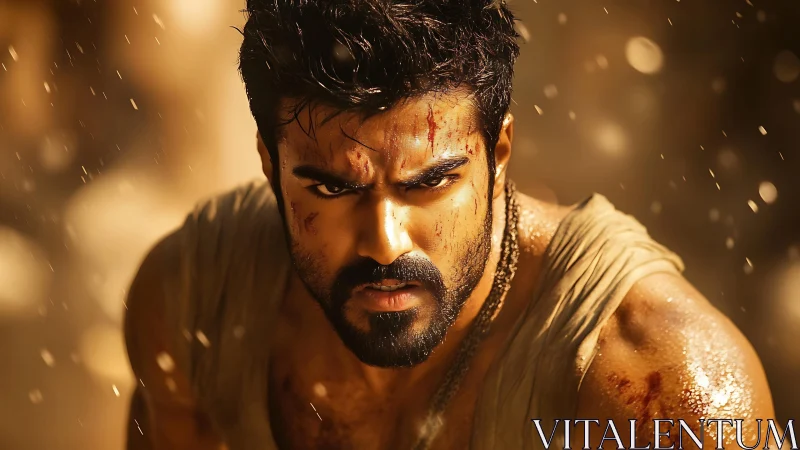 Battle-hardened warrior close-up under warm cinematic backlight