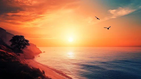 Sunlit coastal cliffs overlook calm ocean at vivid sunset