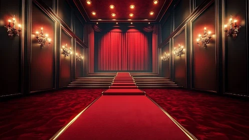 Red carpet staircase leads to closed stage curtain in theater
