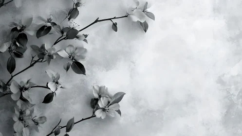 Monochrome flowering branches against textured background.