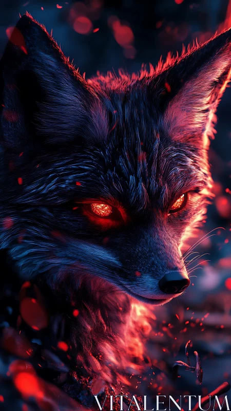 Infernal fox portrait under glowing embers at night.