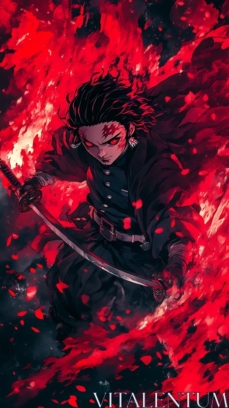Sword-wielding anime warrior surrounded by red flames.