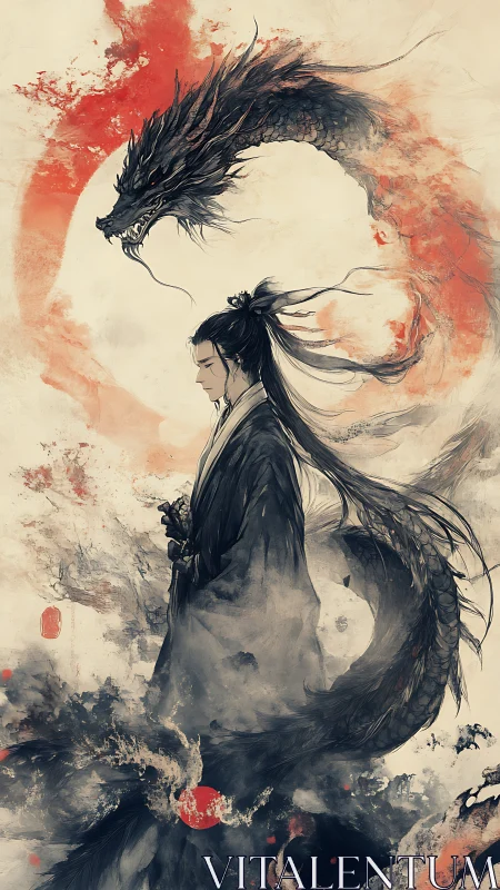 Ink style portrait of robed figure with coiled dragon form.