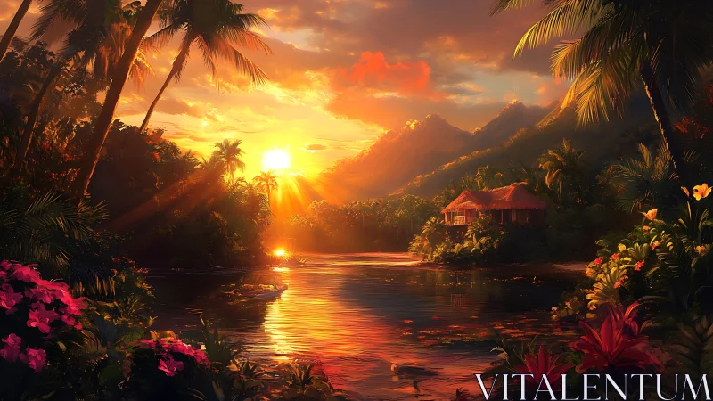 Tropical river valley sunset illuminates hut and palm trees