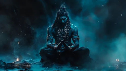 Blue-lit warrior figure sits meditating in dense atmospheric fog