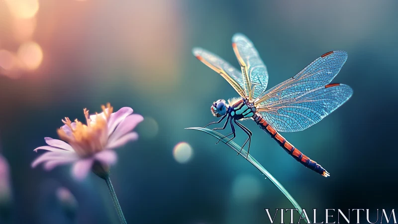 Macro view of dragonfly on grass beside soft pink flower.
