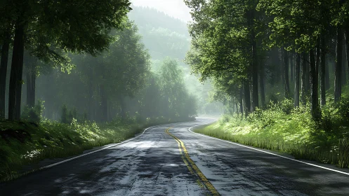 Asphalt Highway Through Dense Forest Corridor With Atmospheric Perspective Rendering