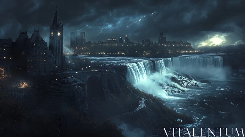 Gothic riverside citadel beside stormlit cascading falls.