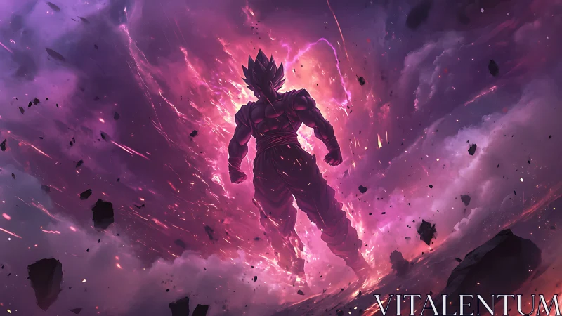 Saiyan warrior silhouette within explosive cosmic aura.
