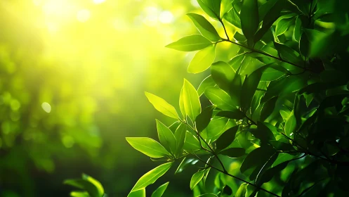 Sunlit green foliage with backlit leaves in soft focus.