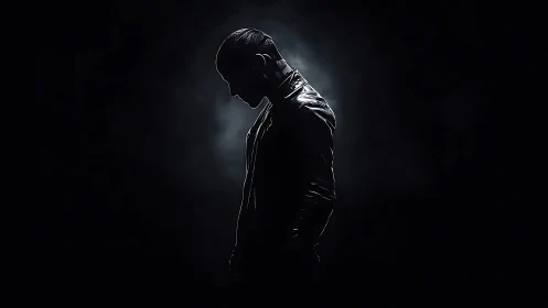 Backlit solitary figure in high-contrast volumetric darkness.