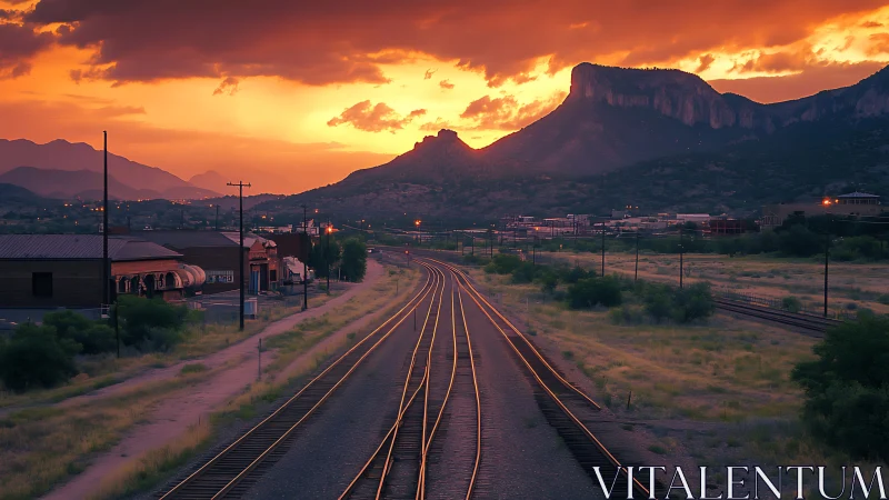 Railway tracks through small town toward distant mesas.