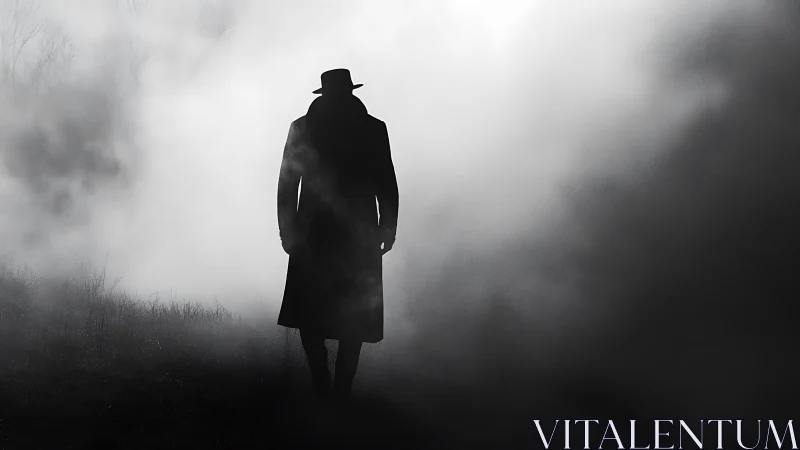 Silhouetted stranger walks alone through dense night fog