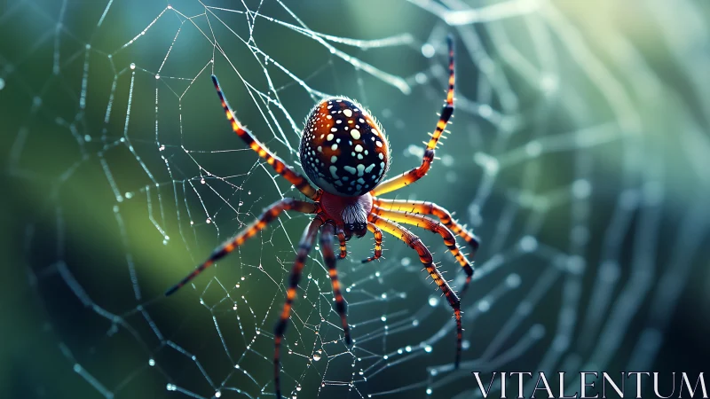 Colorful orb-weaver spider clings to dew-covered web strands