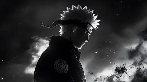 Monochrome ninja silhouette in storm-lit dramatic profile.