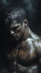 Low-key wet portrait of muscular male torso in dramatic light