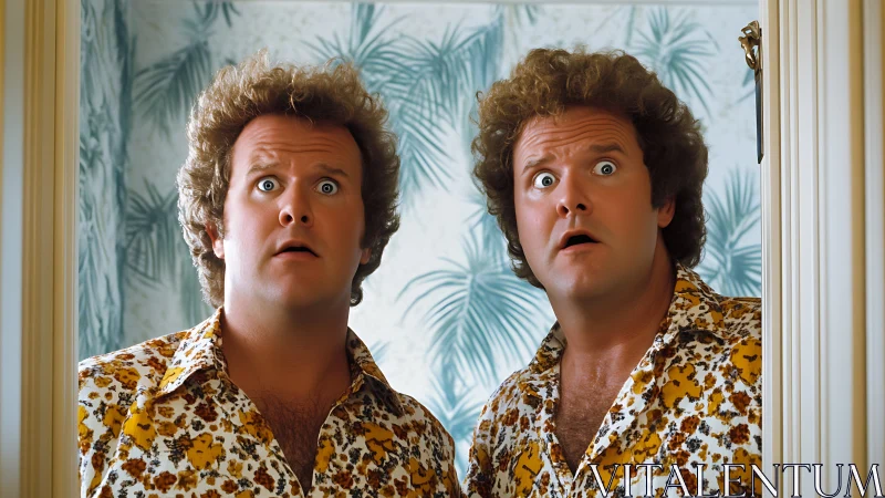 Symmetrical retro twin portrait with mirrored astonishment.