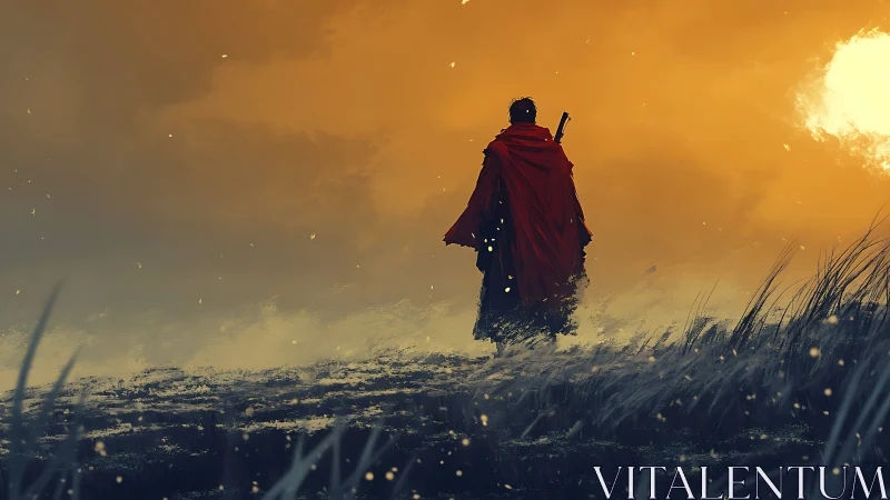 Solitary cloaked wanderer crossing dusk-lit windswept plain.