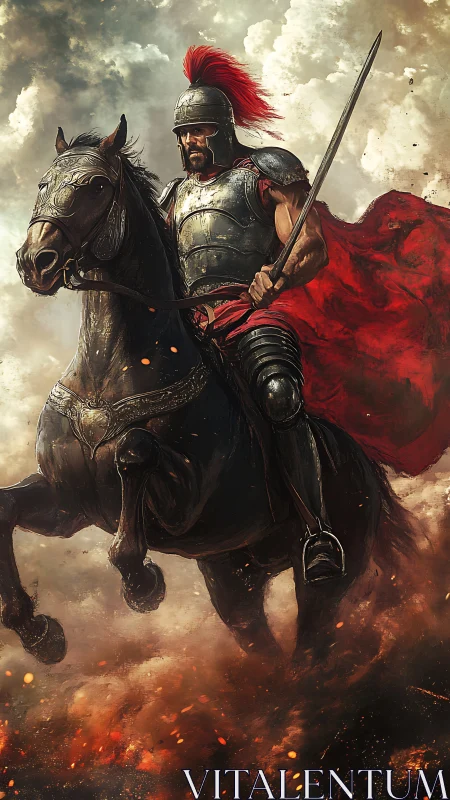 Armored mounted warrior in red cloak crossing smoky ground.