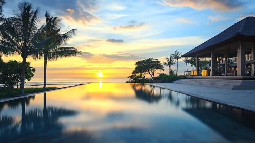 Sunset infinity pool mirrors calm tropical ocean horizon.