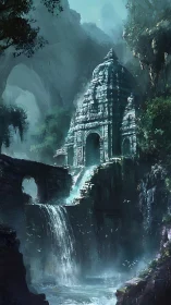 Vertical fantasy temple gorge with cascading waterfalls composition.