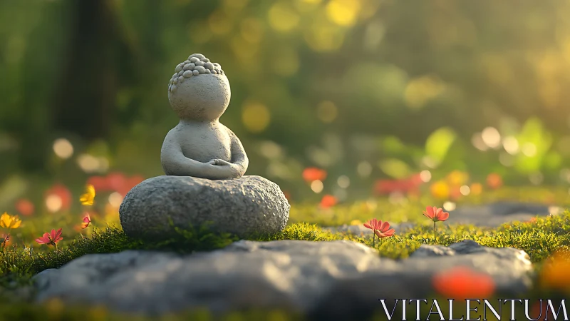 Stone Buddha statue meditates peacefully in a sunlit garden