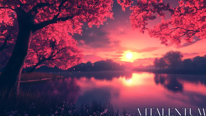 Dreamy pink sunset over a gentle riverside grove.