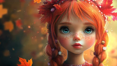 Autumn freckled girl with vivid braids and leaf crown.
