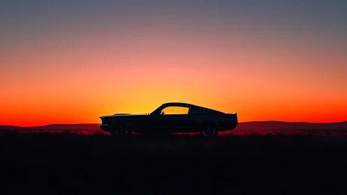 Classic muscle car rests beneath a vivid sunset horizon