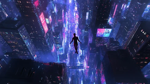 Silhouetted figure drifting above neon cyberpunk avenue.