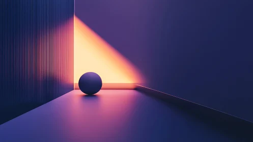 Minimalist sphere in neon-lit geometric corner environment.