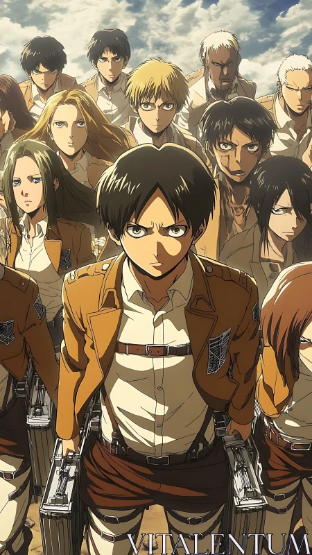 Determined anime squad advancing under dramatic daylight sky.