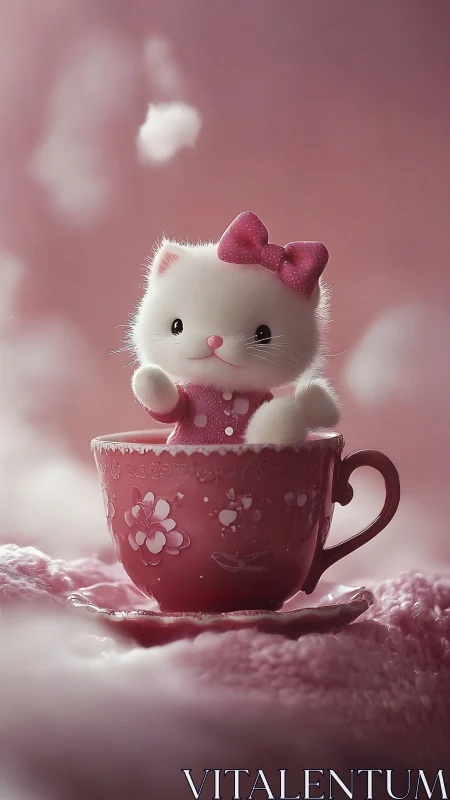 Adorable White Kitten in Teacup Among Pink Clouds.