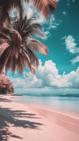 Tropical Paradise Beach with Palm Fronds Under Turquoise Sky.