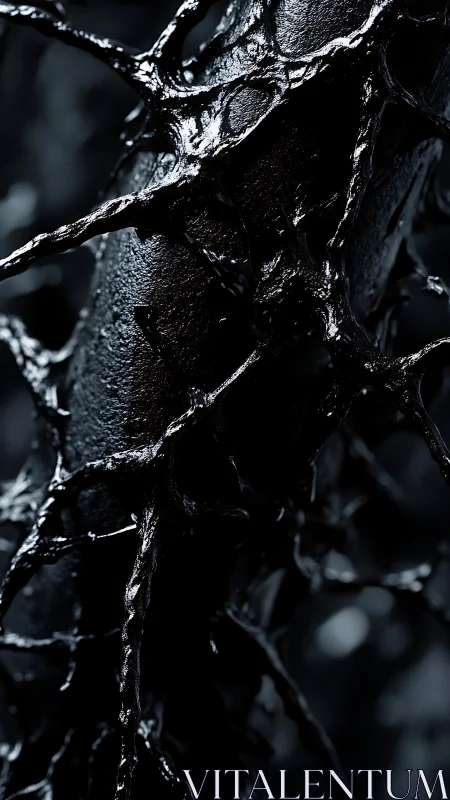 Dark glossy organic tendrils wrapping textured surface.
