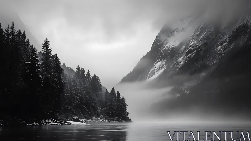 Fog-draped alpine lake with dark pines and steep cliffs.