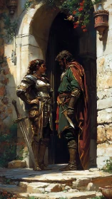 Armored dialogue at a weathered stone archway threshold.