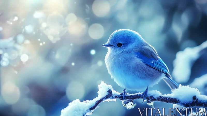 Blue songbird on frosty branch in dreamy winter bokeh scene.