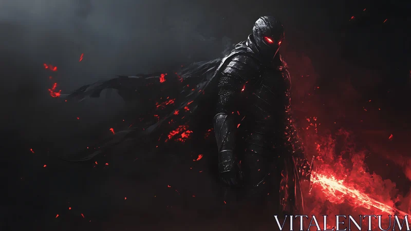 Dark armored warrior ignites a blazing crimson sword.