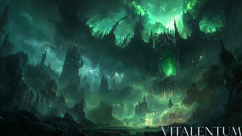 Eldritch citadel inhales emerald stormlight above ruins