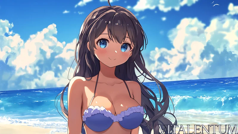 Smiling anime beach girl under bright summer skies.