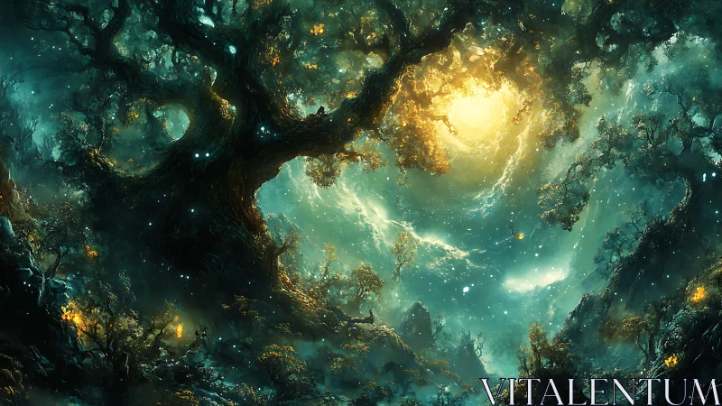 Bioluminescent Forest Cavern with Golden Celestial Portal and Luminous Canopy Architecture