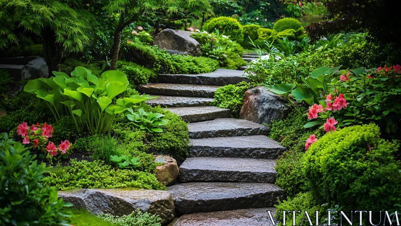 Stone garden stairway winding through lush emerald quiet.